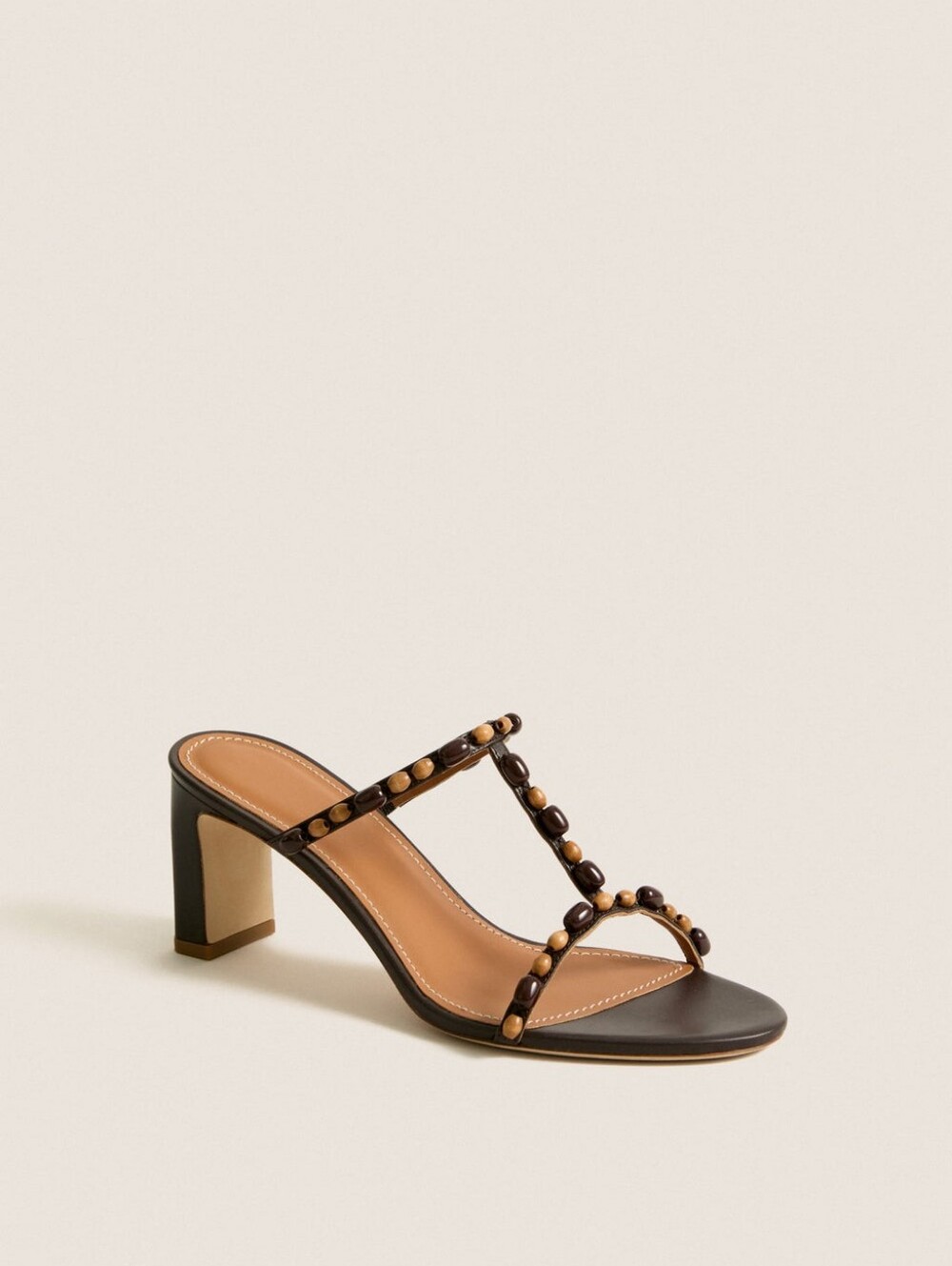 Staud Talita Heel Brown Wood Beaded T-Strap Block Heel Sandals Size 10/40